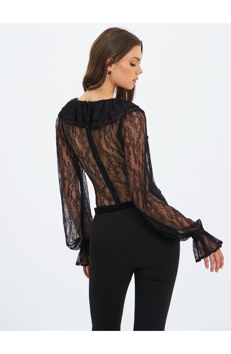 Miss Circle Taliah Sheer Lace Ruffled Collar Bodysuit, Alternate, color, Black