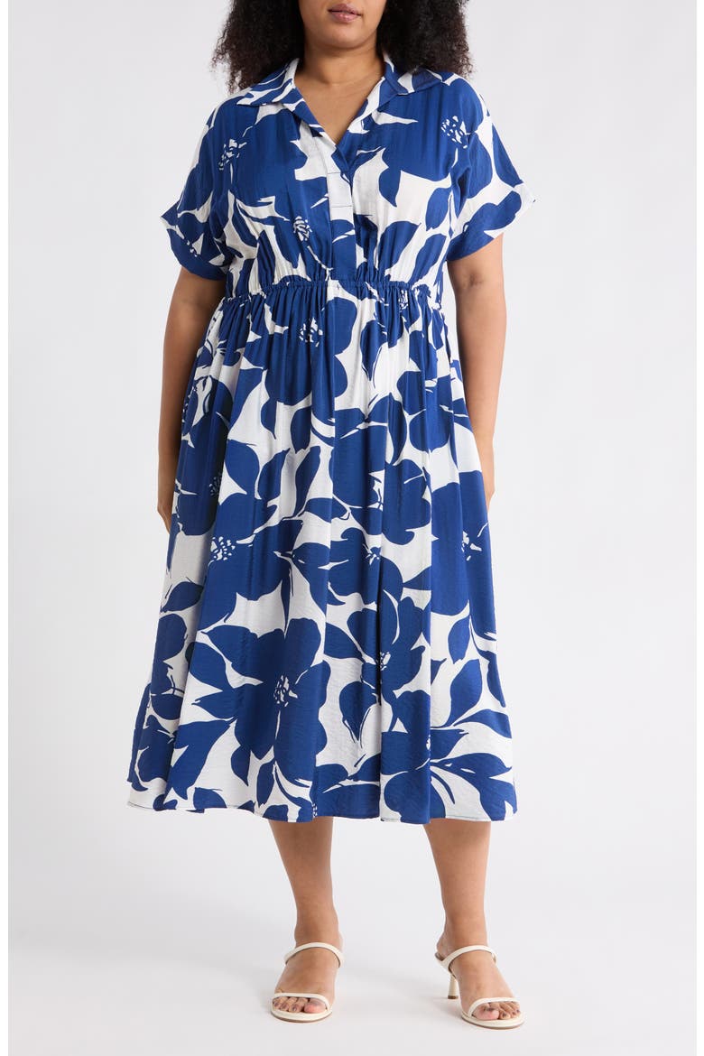 Floral Short Sleeve Midi Dress, Main, color, NAVY
