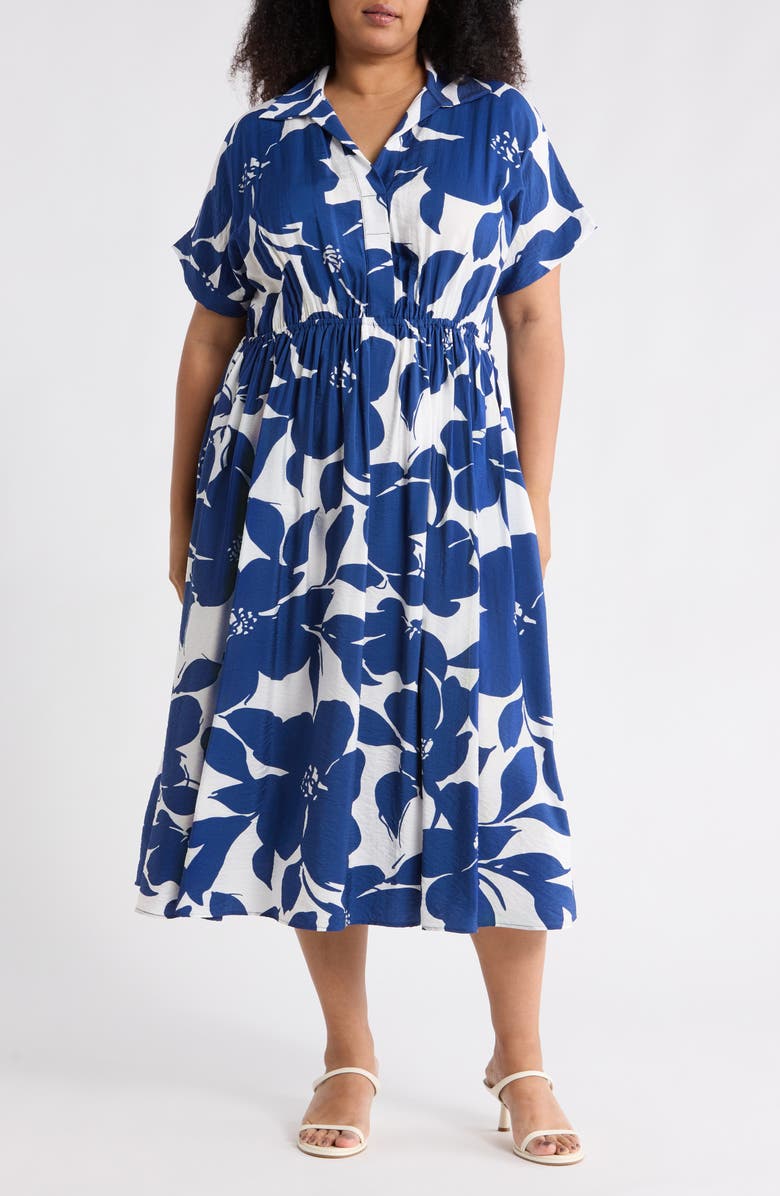 Renee C Floral Short Sleeve Midi Dress, Main, color, Navy