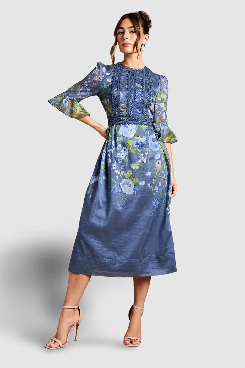 Placement Print Organza Midi Dress, Main, color, Blue