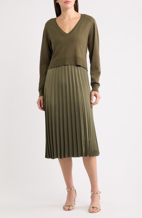 Pleated Long Sleeve Midi Dress