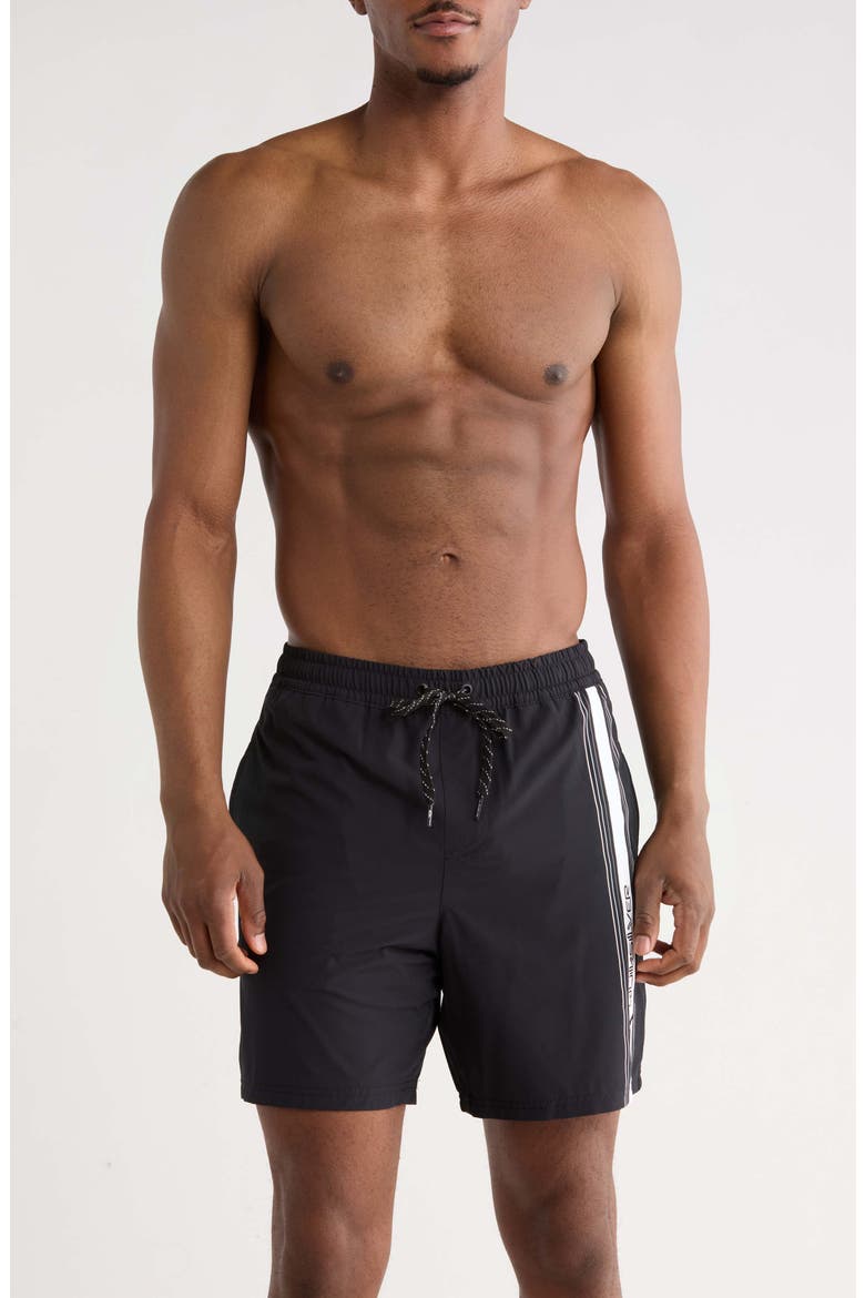 Trade Logo Stripe Volley Swim Shorts, Main, color, BLACK