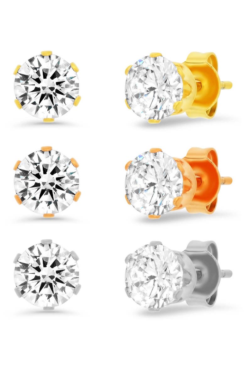 3-Pack Cubic Zirconia Round Stud Earrings, Main, color, METALLIC-YELLOW-ROSE
