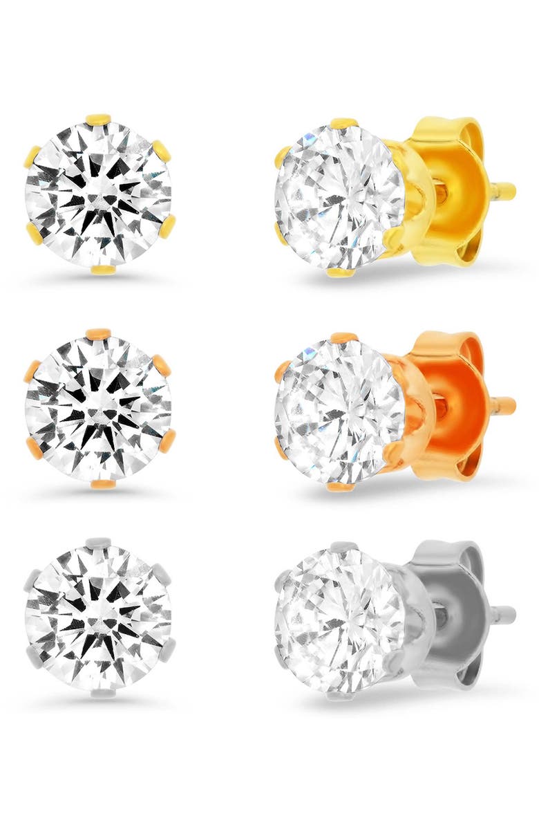 HMY JEWELRY 3-Pack Cubic Zirconia Round Stud Earrings, Main, color, Metallic-Yellow-Rose