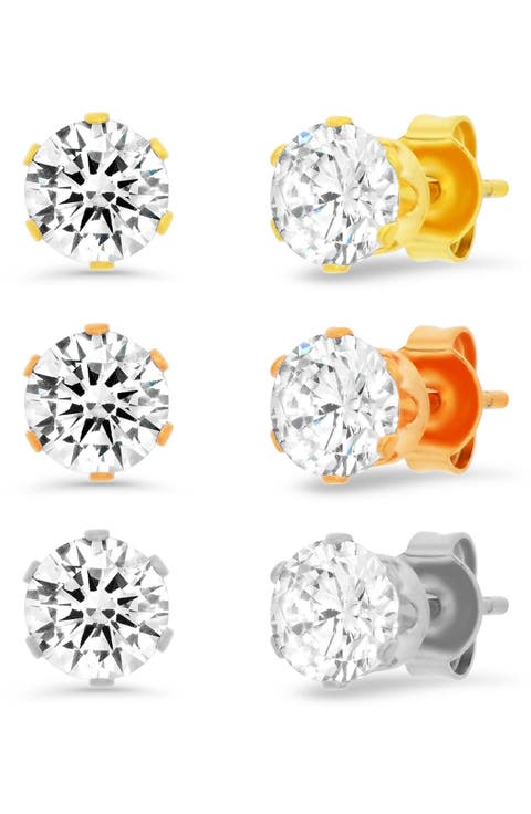 3-Pack Cubic Zirconia Round Stud Earrings