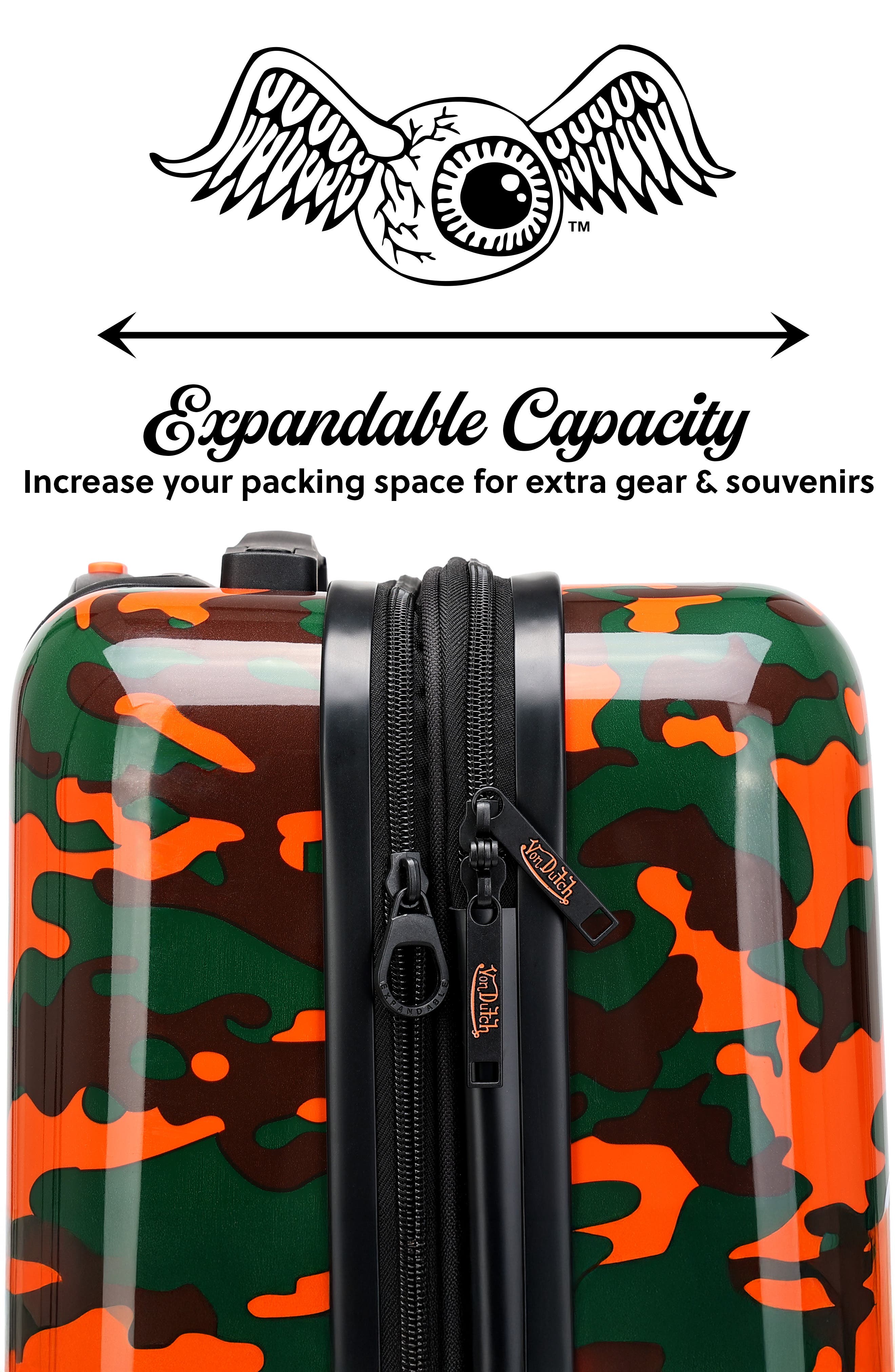 Von Dutch Orange Camo Expandable Hardside Spinner Carry-on Suitcase, Alternate, color, Orange Camo
