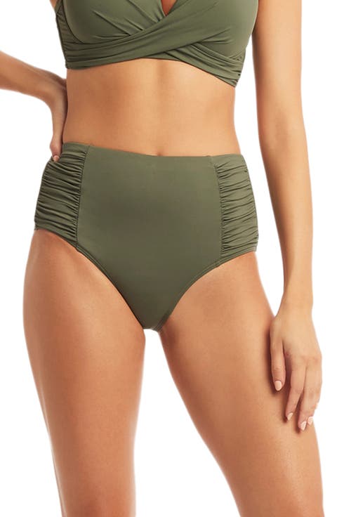 High Waist Gathered Side Swim Bottoms
