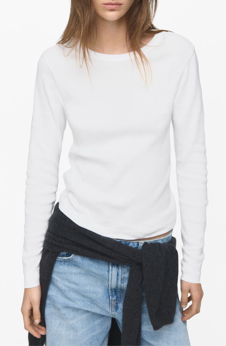 MANGO Long Sleeve Cotton Rib T-Shirt, Main, color, White