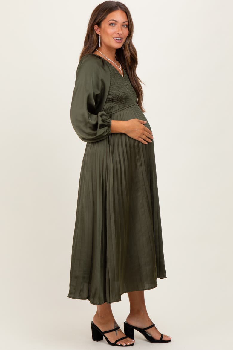 Satin Smocked Pleated Midi Dress, Alternate, color, Olive Green
