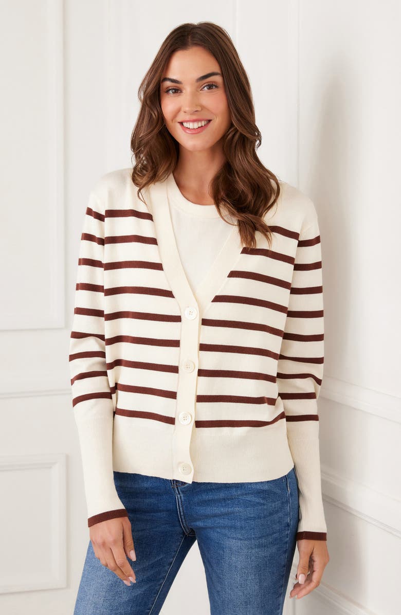Karen Kane Stripe Cardigan Sweater, Alternate, color, Cream/Chocolate