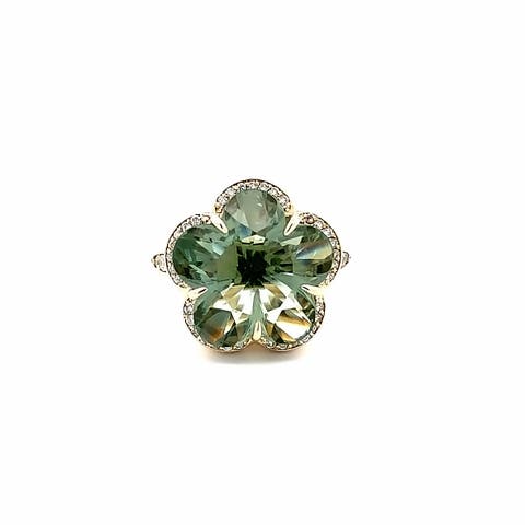 14K Yellow Gold Diamond and Green Amethyst Flower Ring