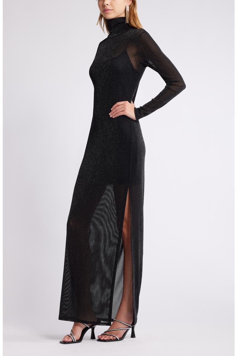 Metallic Long Sleeve Stretch Mesh Maxi Dress, Alternate, color, BLACK-SILVER