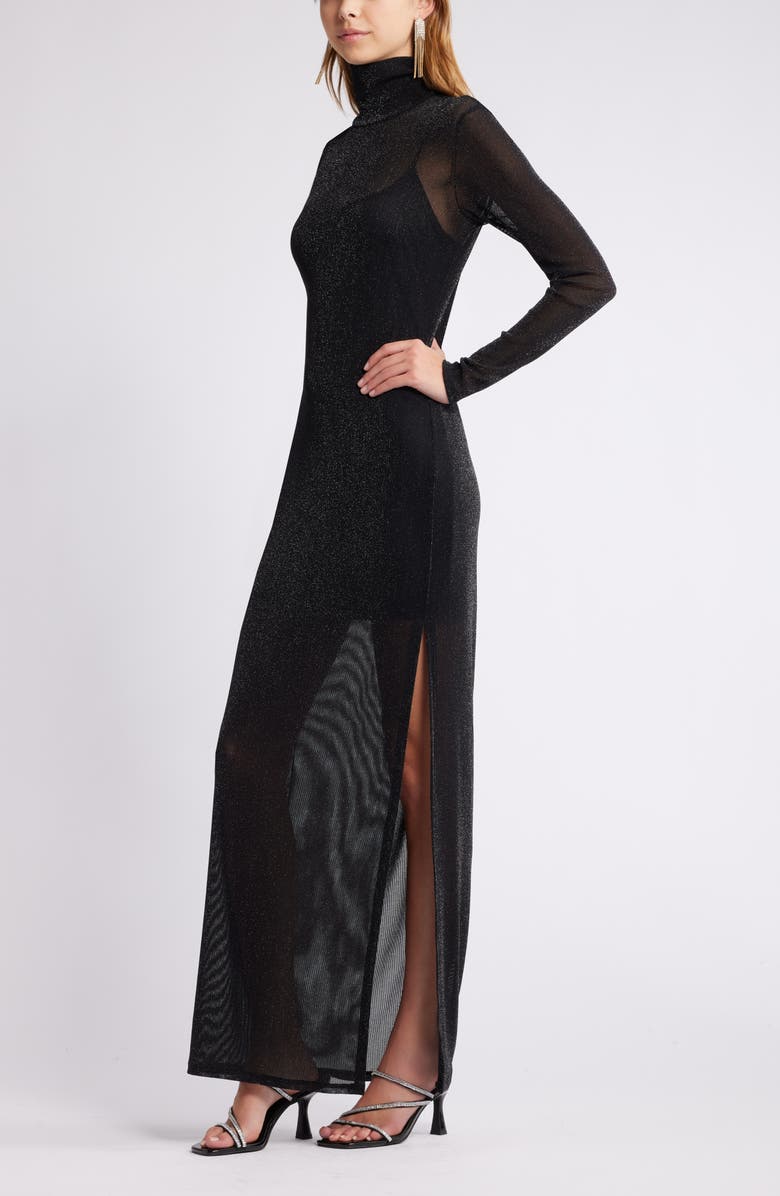Open Edit Metallic Long Sleeve Stretch Mesh Maxi Dress, Alternate, color,