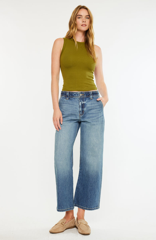 Kancan Bells Mid Rise Loose Barrel Jeans In Blue
