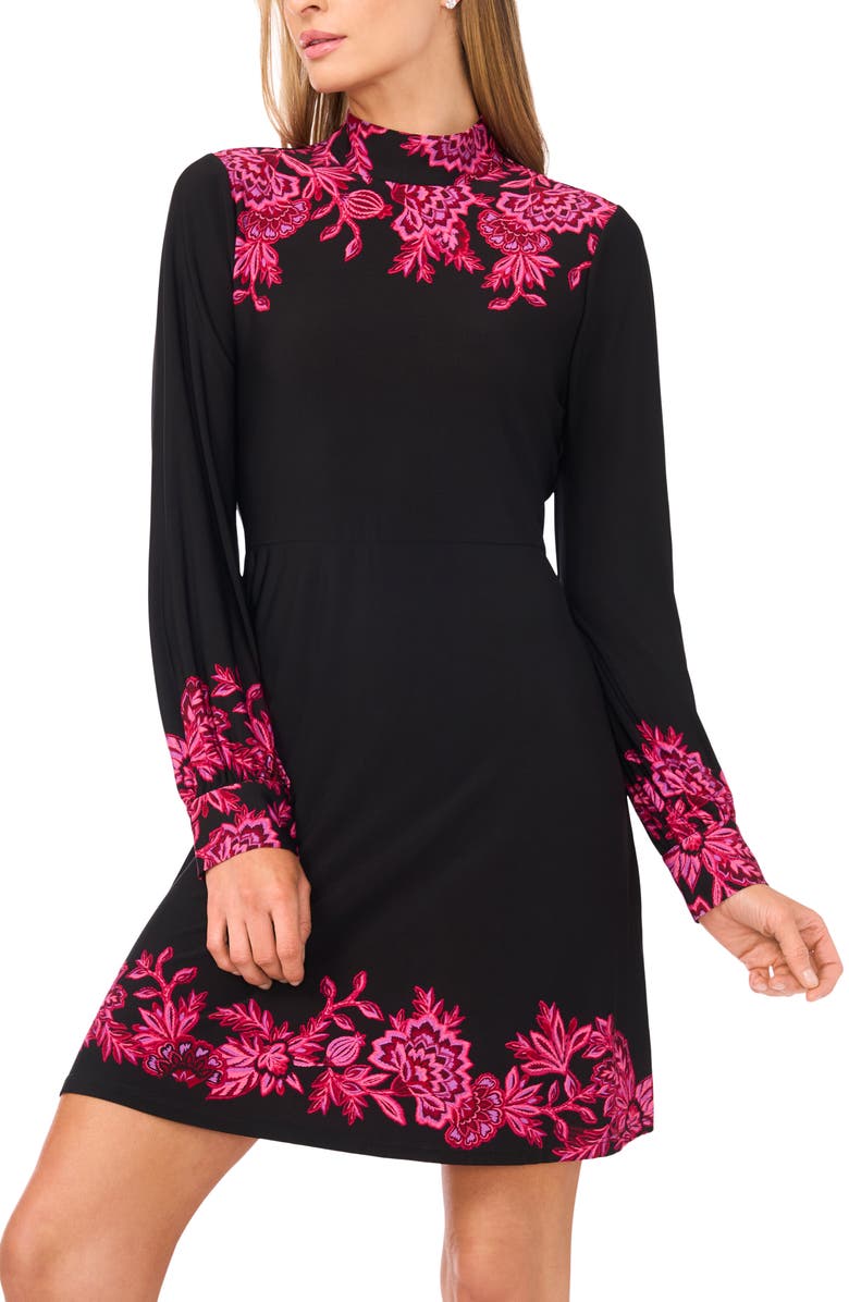CeCe Border Print Long Sleeve Minidress, Alternate, color, Rich Black