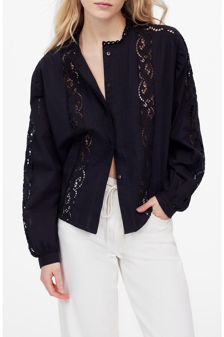 Lace Inset Pintuck Button-Up Shirt, Main, color, JET BLACK