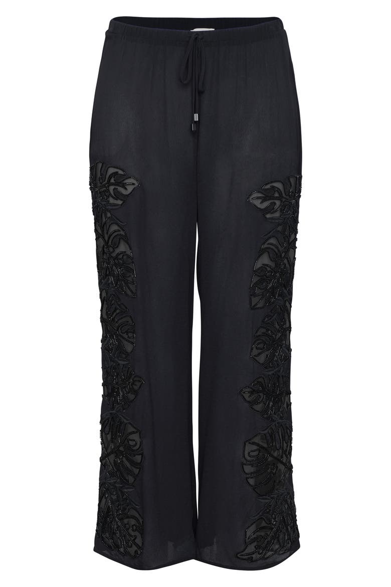 Geraldine Monstera Cover-Up Wide Leg Pants, Alternate, color, BLACK