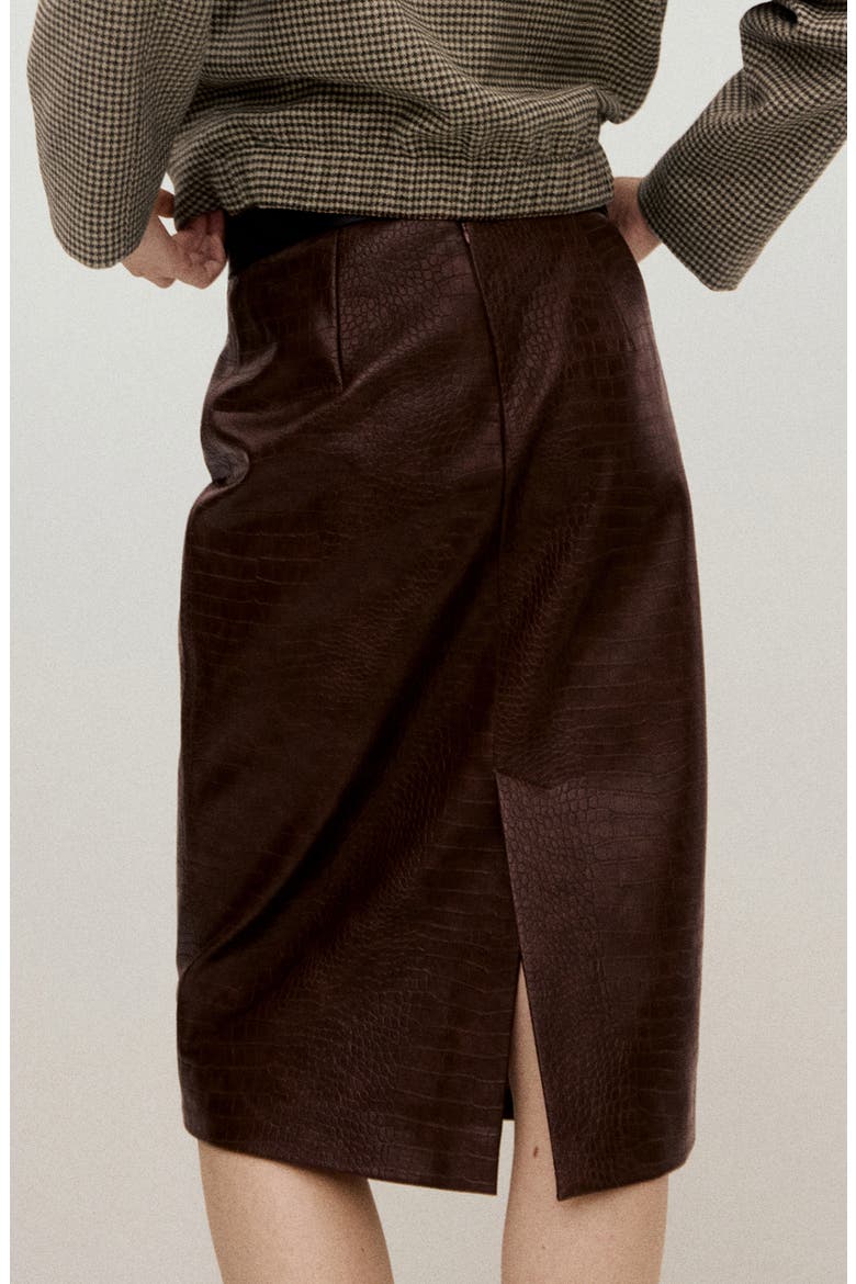 Croc-Embossed Faux Leather Midi Skirt, Alternate, color, BROWN