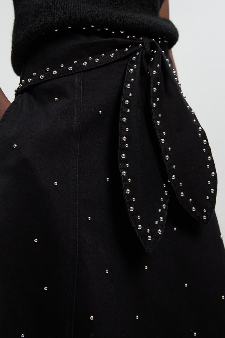 Studded Tie Belt Midi Skirt, Alternate, color, Black