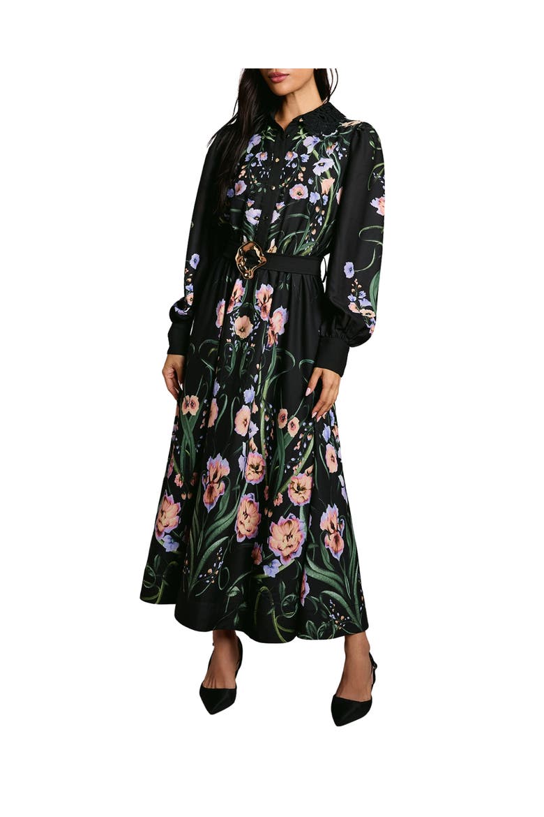 Lace Trim Printed Shirt Dress, Main, color, Black