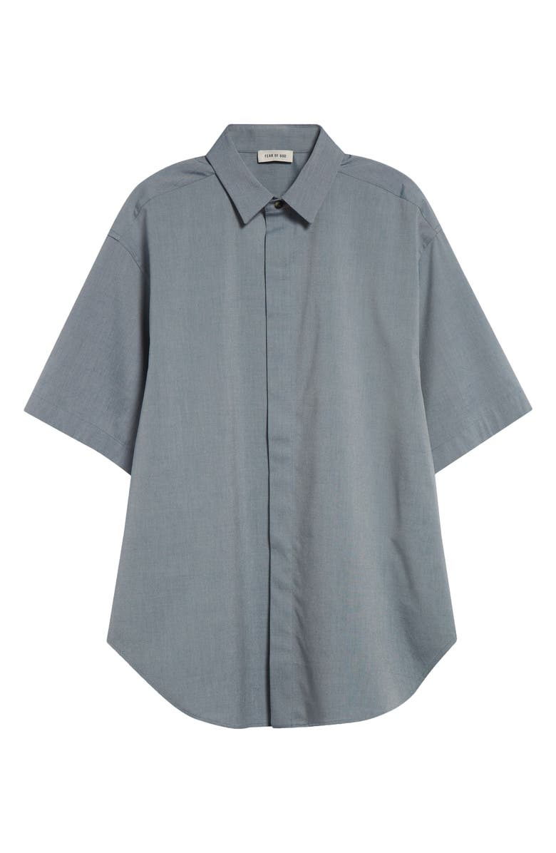 Fear of God Short Sleeve Cotton & Wool Stretch Oxford Button-Up Shirt, Alternate, color, Melange Slate