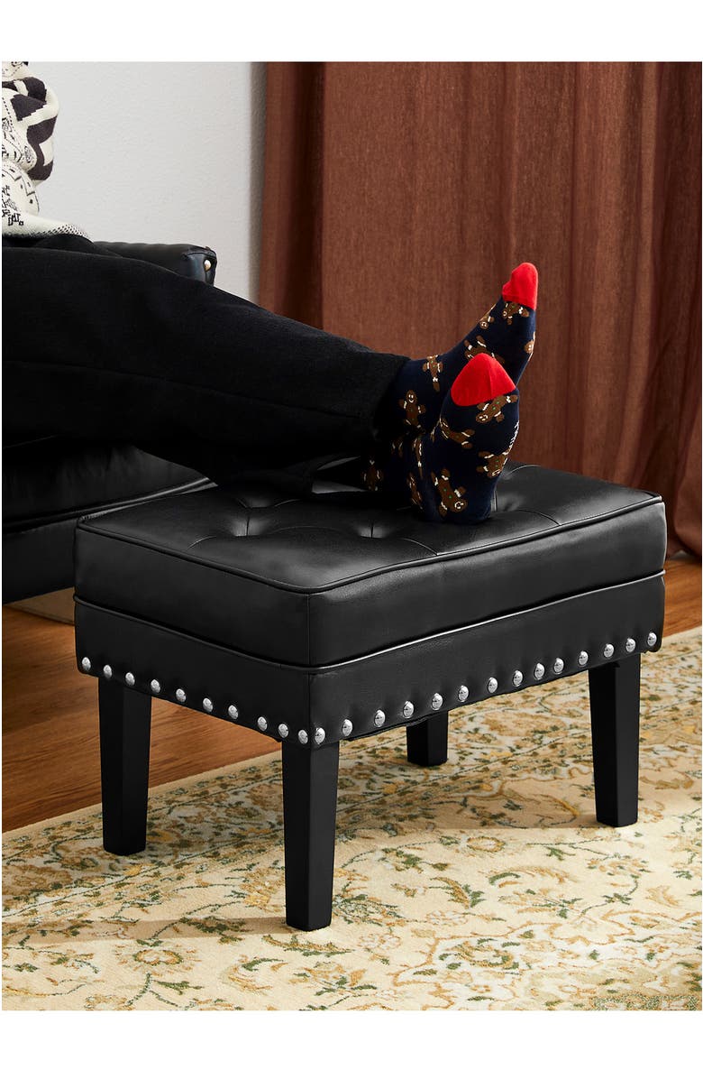 Glitzhome Mid-century Modern Faux Leather Button-tufted Accent Stool, Alternate, color, Black