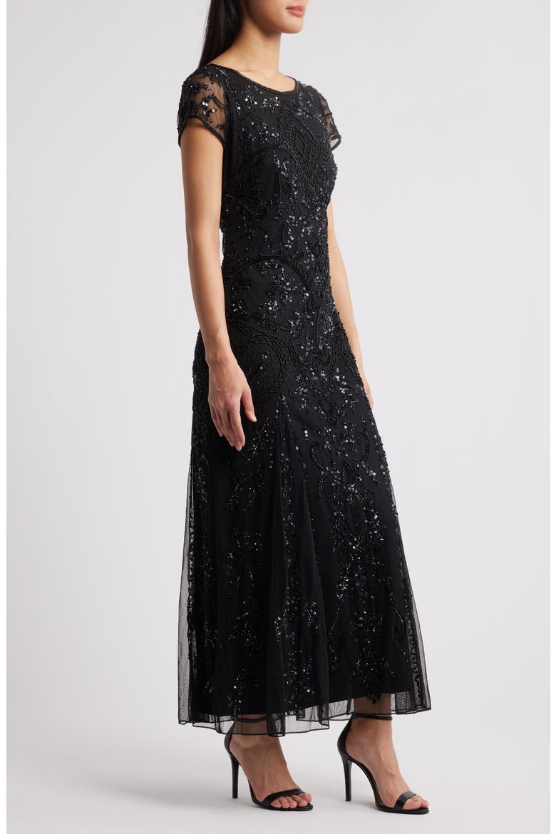 Beaded Mesh Midi Cocktail Dress, Alternate, color, BLACK