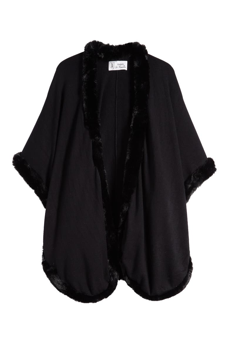 Faux Fur Trim Ruana, Alternate, color, BLACK