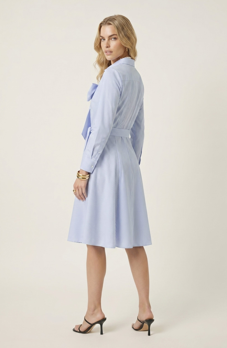 Modenaire Striped Tie Neck Bow Waist Belt Shirt Dress, Alternate, color, Light Blue / White Stripes