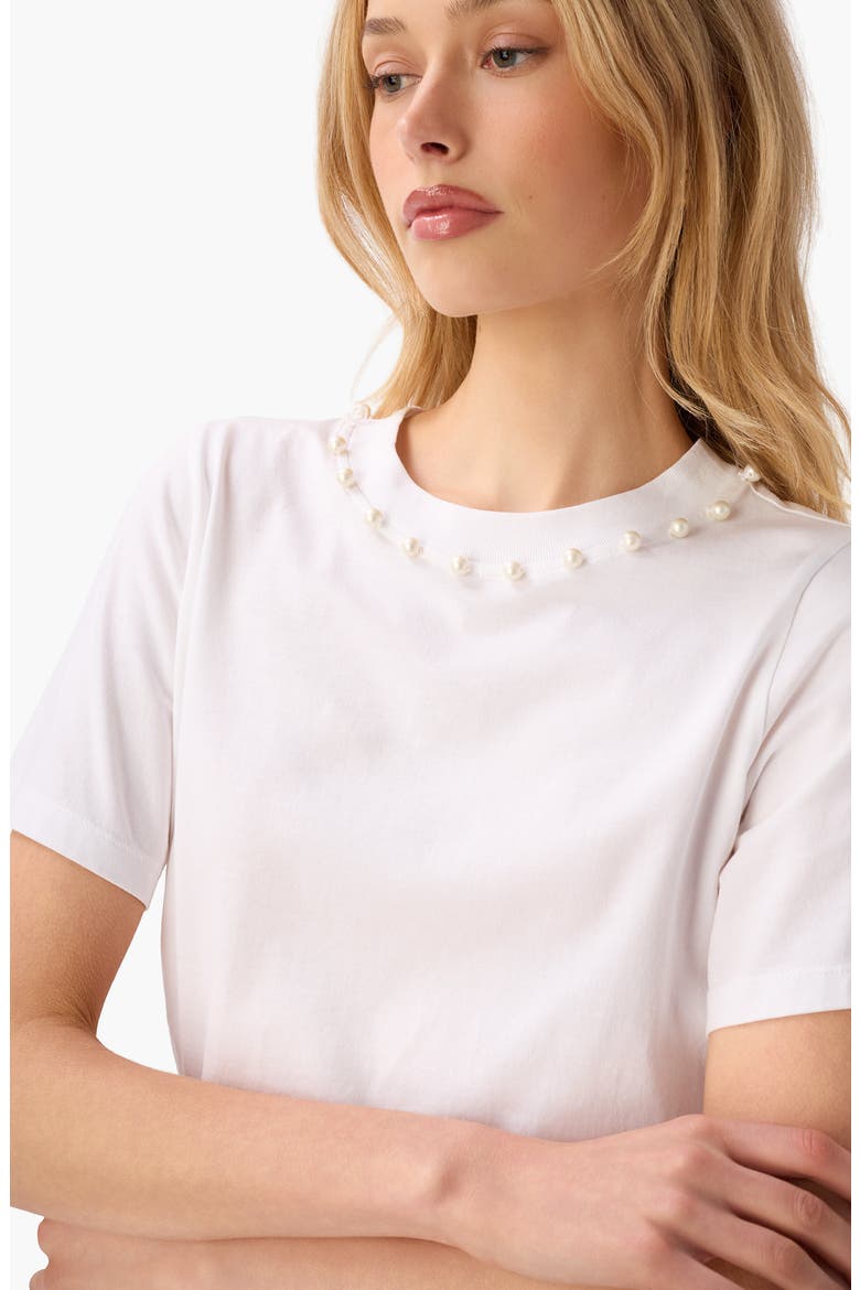 Mattea Faux Pearl Trim Pima Cotton T-Shirt, Alternate, color, WHITE
