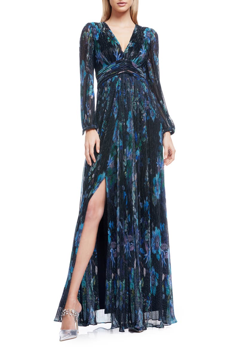 Pauline Metallic Floral Long Sleeve Gown, Main, color, TURQUOISE MULTI