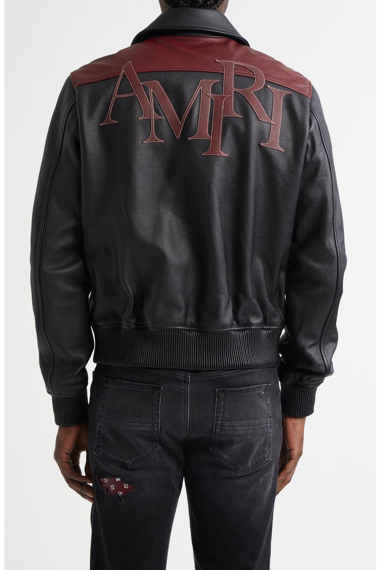 Colorblock Staggered Logo Leather Jacket, Alternate, color, BLACK