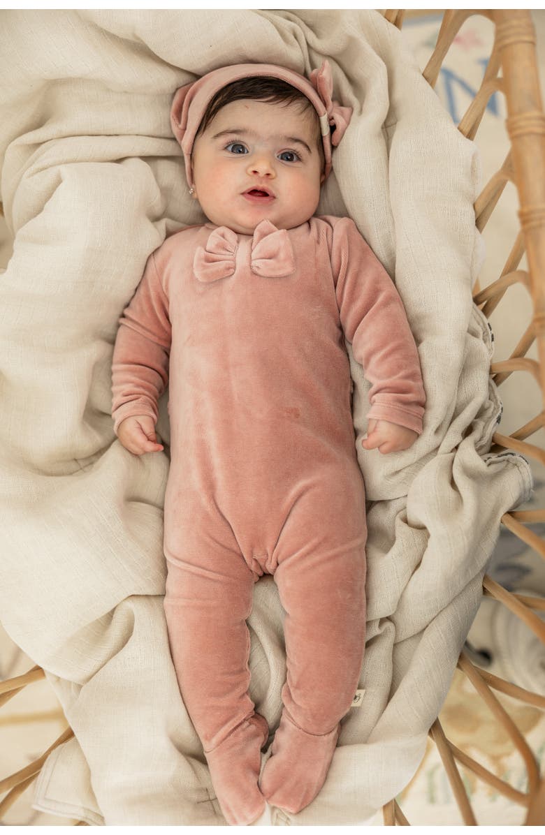 Bebe Bella Bow Stitch Ribbed Velour Romper with Matching Hat, Alternate, color, Rose