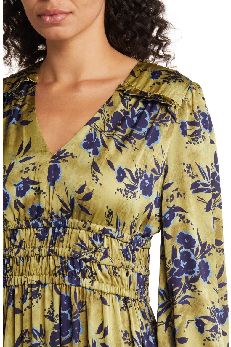 Floral Print Long Sleeve Shirred Midi Dress, Alternate, color, YELLOW MULTI