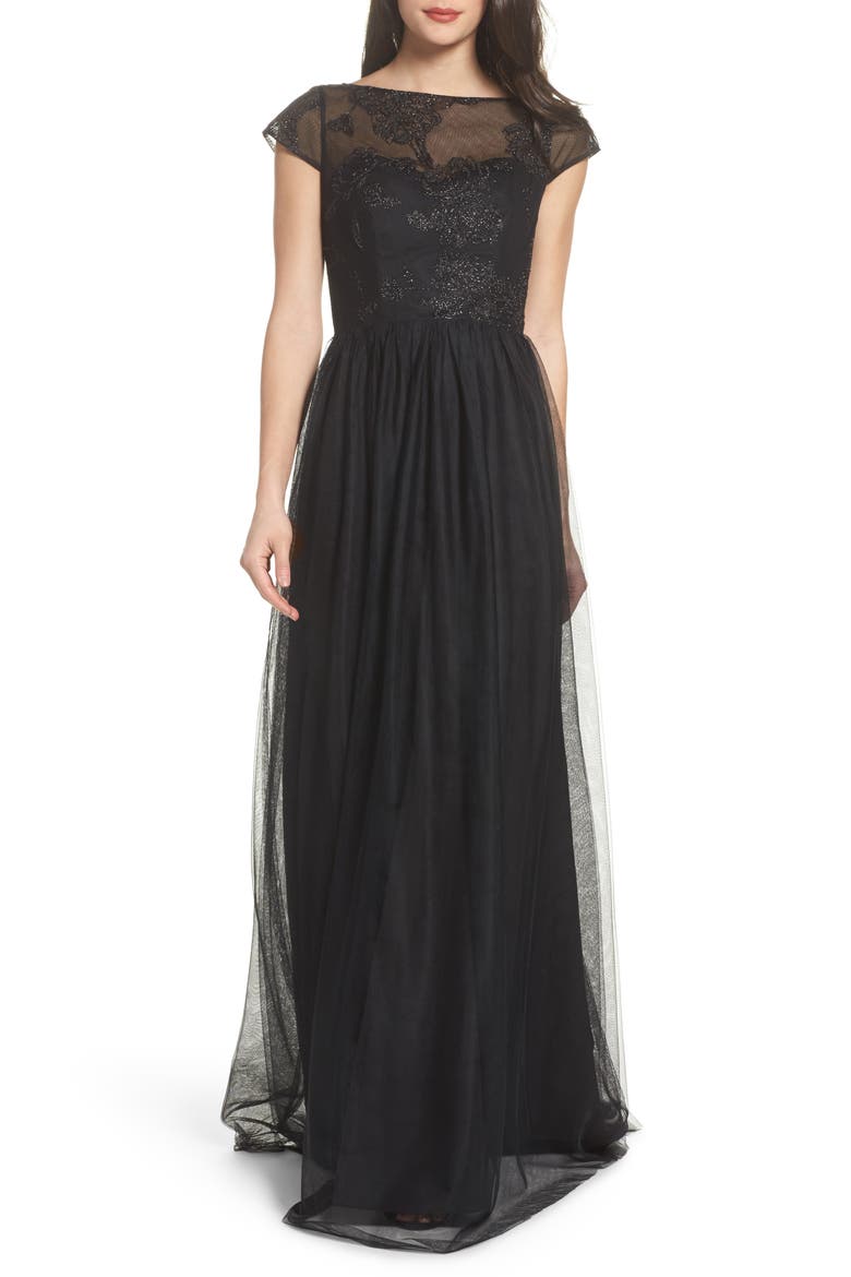 Embroidered Bodice Net Gown, Main, color, BLACK