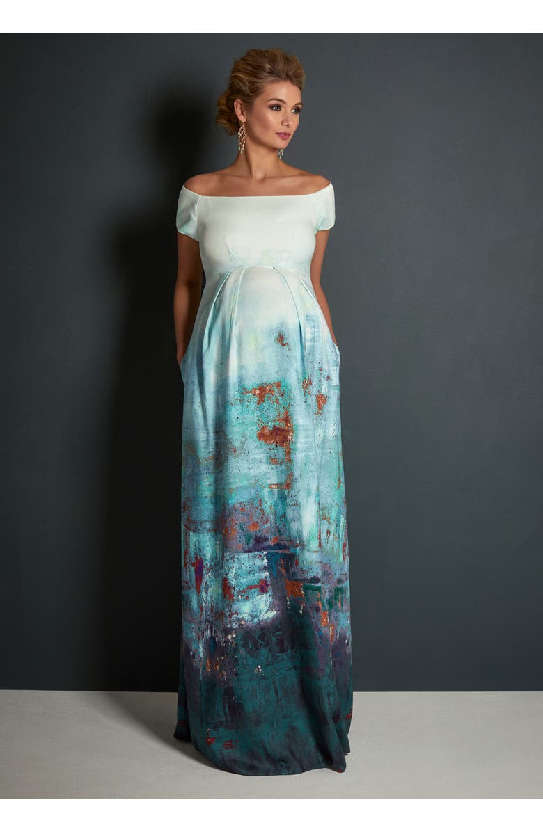 Tiffany Rose Maternity Aria Off Shoulder Maternity Gown, Alternate, color, Aquatic Ombre