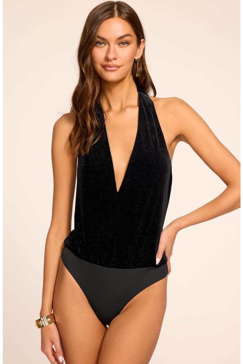Zia Plunge Neck Halter Bodysuit, Alternate, color, BLACK