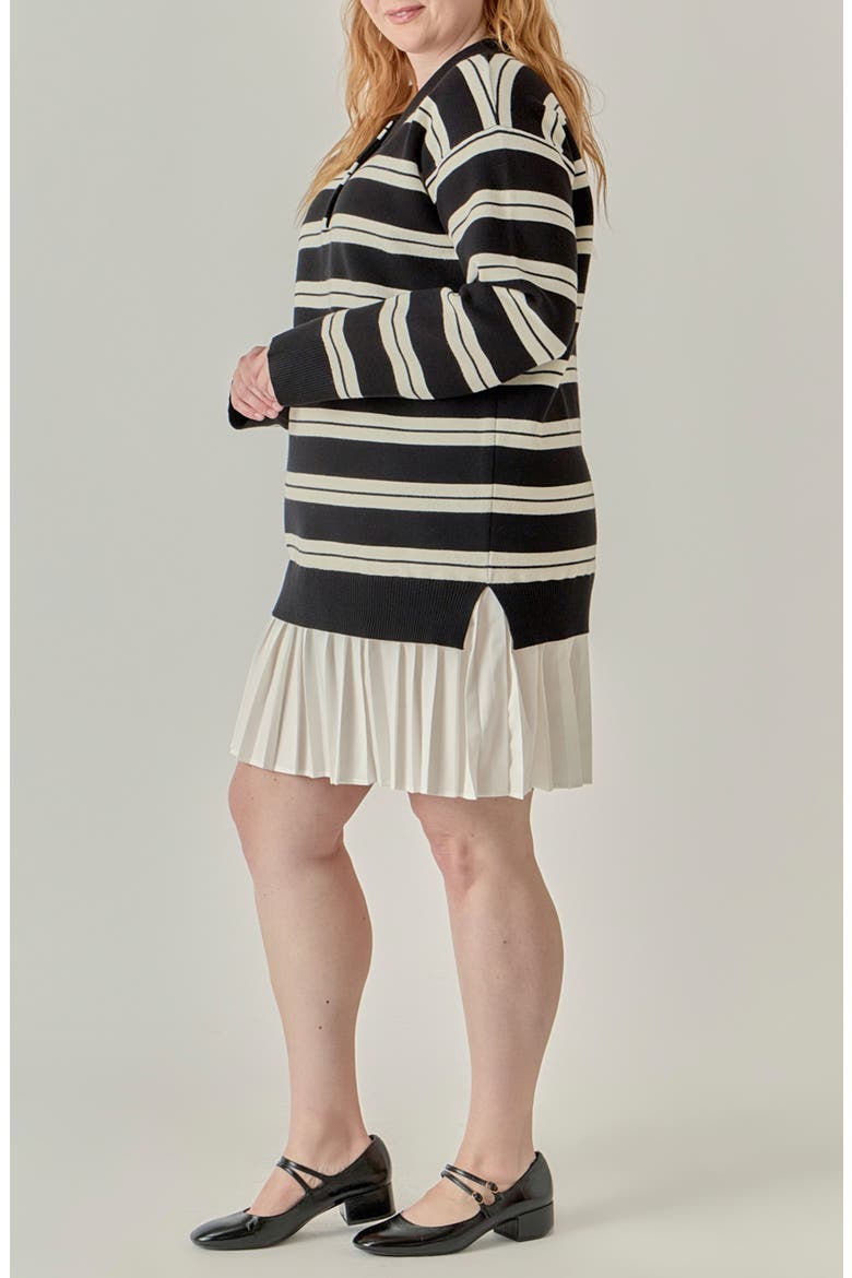Long Sleeve Mixed Media Polo Minidress, Alternate, color, BLACK/ CREAM
