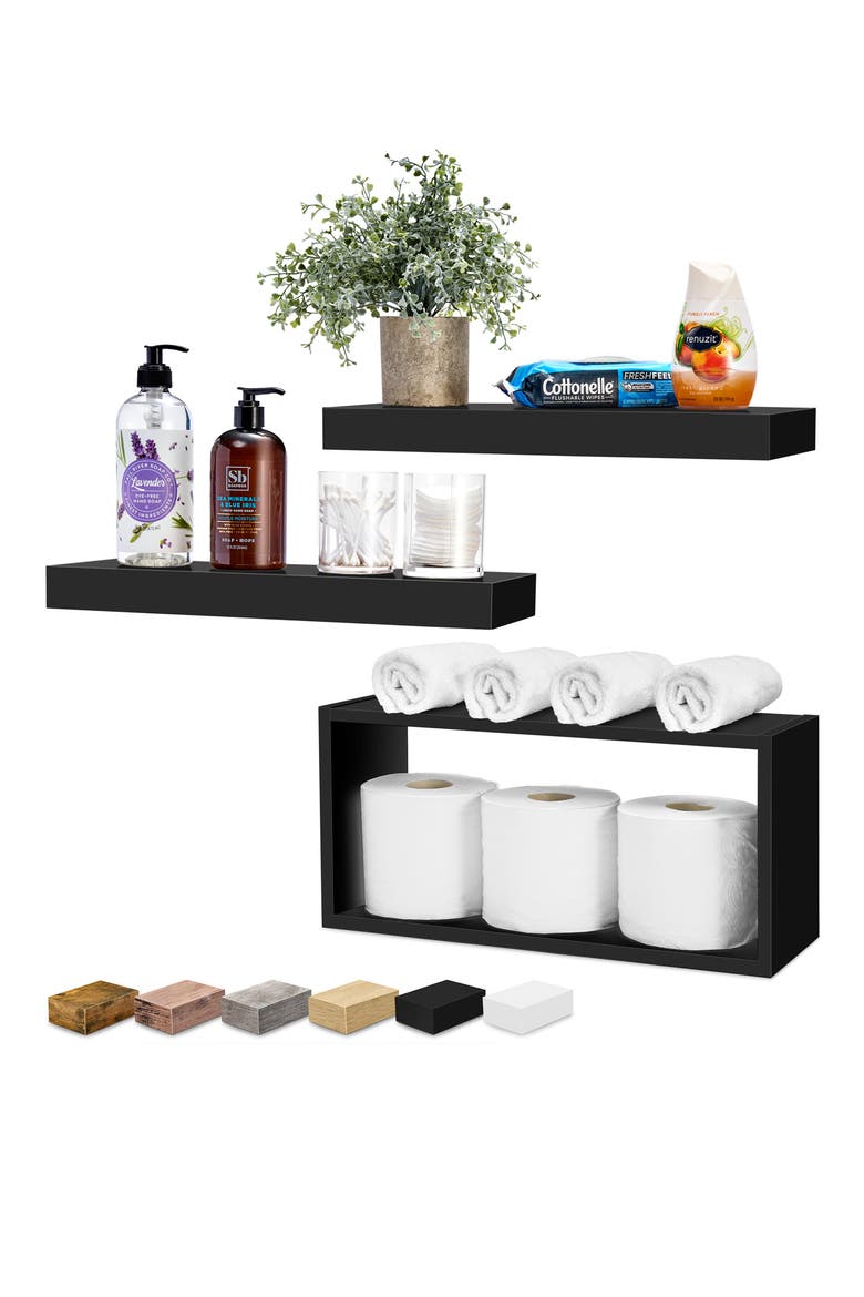 Set of 3 Floating Shelves, Alternate, color, BLACK