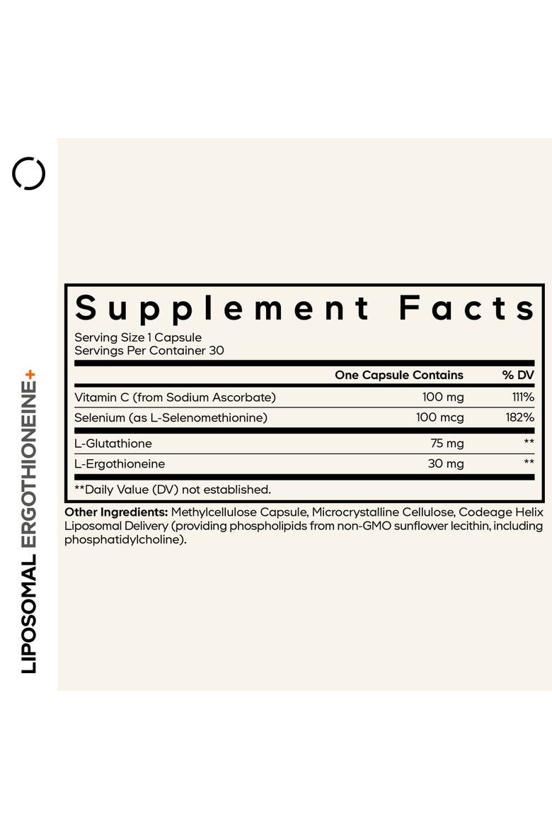 Liposomal Ergothioneine+, L-Glutathione, Vitamin C, Selenium, Antioxidant Support, Alternate, color, White