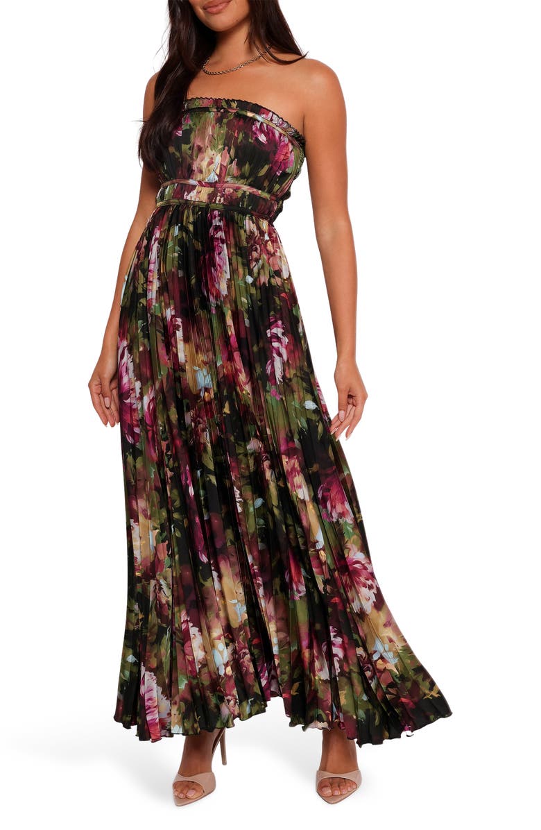 Petal & Pup Angelique Floral Print Strapless Maxi Dress, Main, color, Grey Blurred Floral