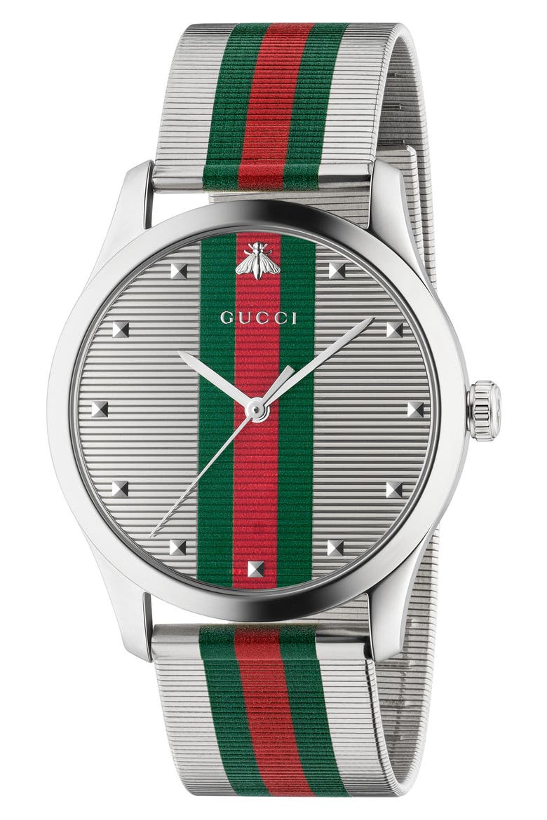 G-Timeless Bee Stripe Mesh Band Watch, 42mm, Main, color, SILVER/ GREEN/ RED/ SILVER