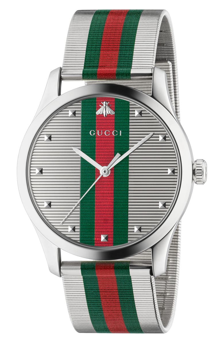 Gucci G-Timeless Bee Stripe Mesh Band Watch, 42mm, Main, color,