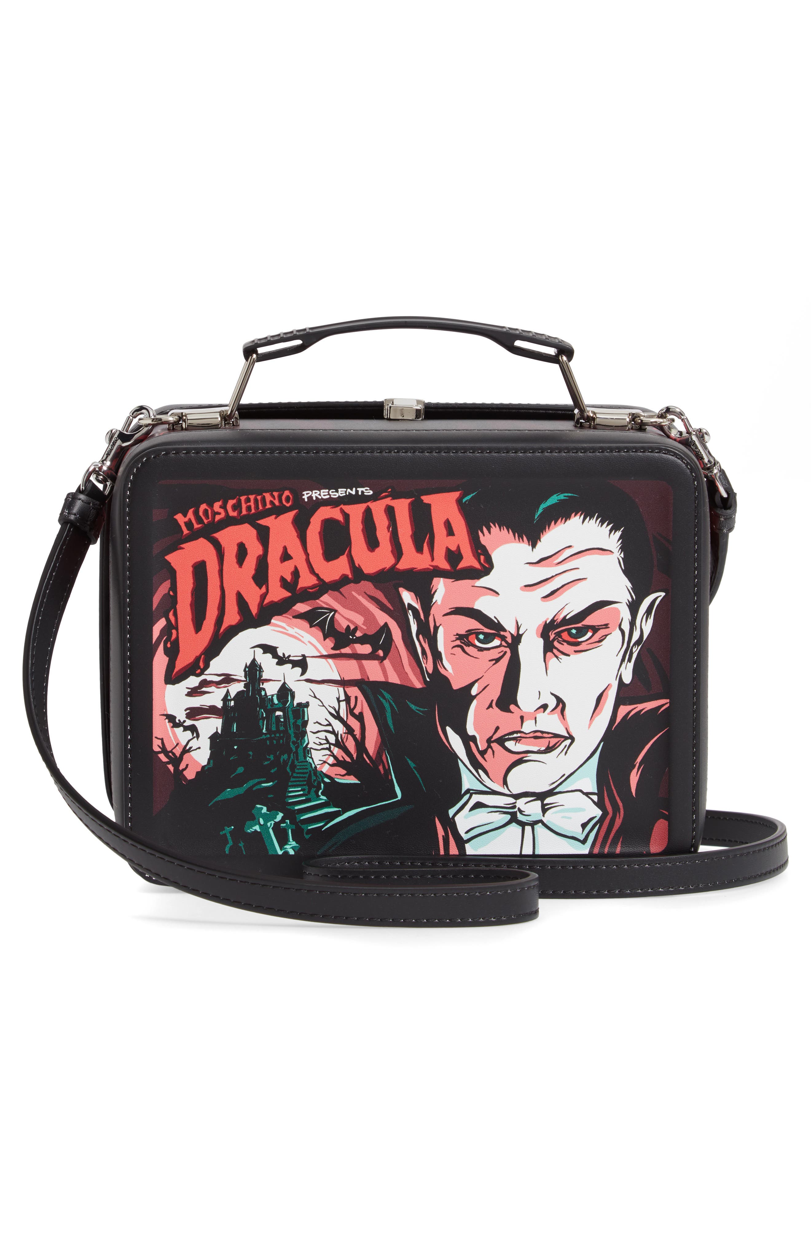 Moschino x Universal Dracula Faux Leather Lunchbox Bag, Alternate, color, Fantasy Print Black