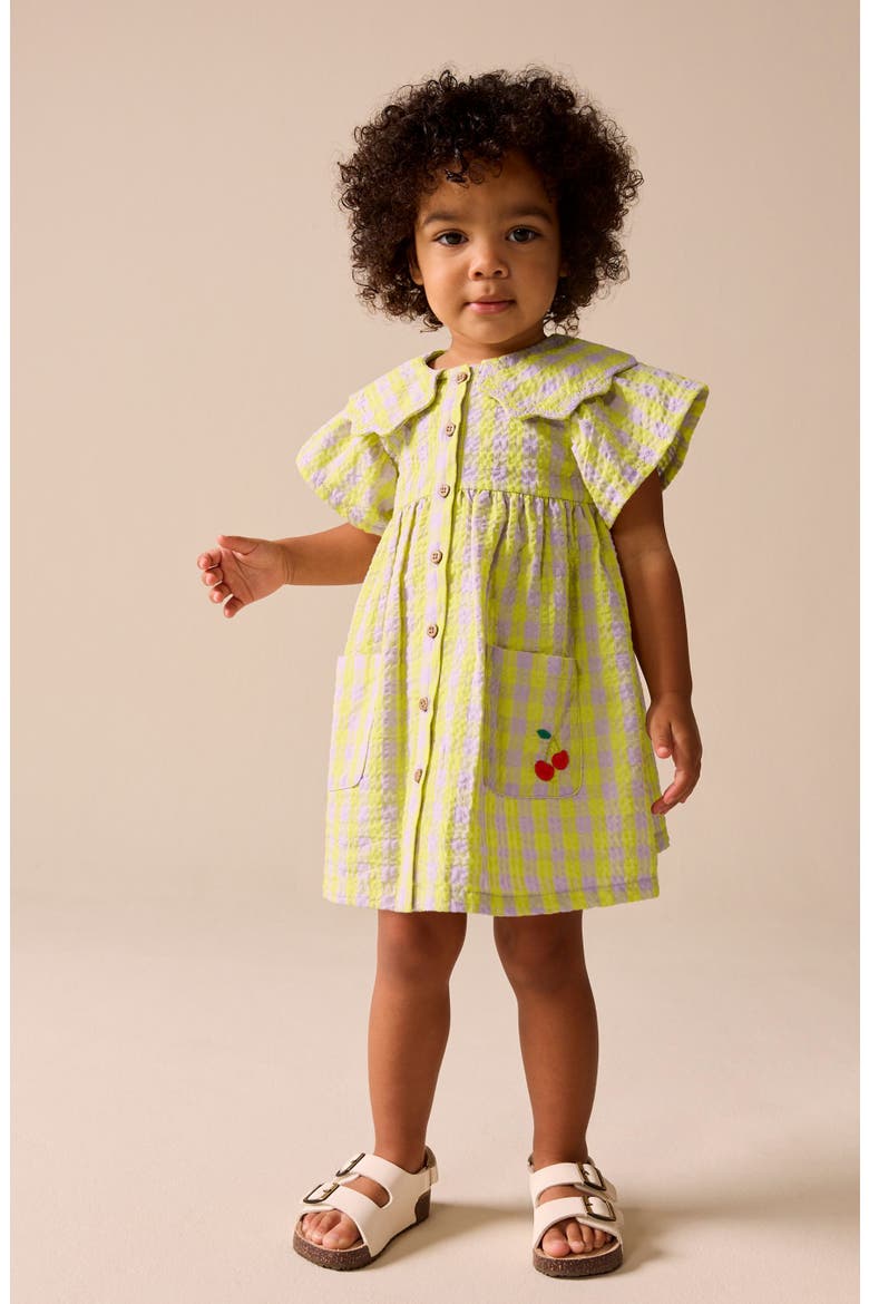 Kids' Scalloped Collar Gingham Seersucker Dress, Alternate, color, YELLOW