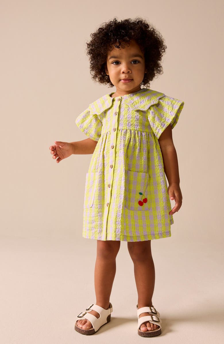 NEXT Kids' Scalloped Collar Gingham Seersucker Dress, Alternate, color, Yellow