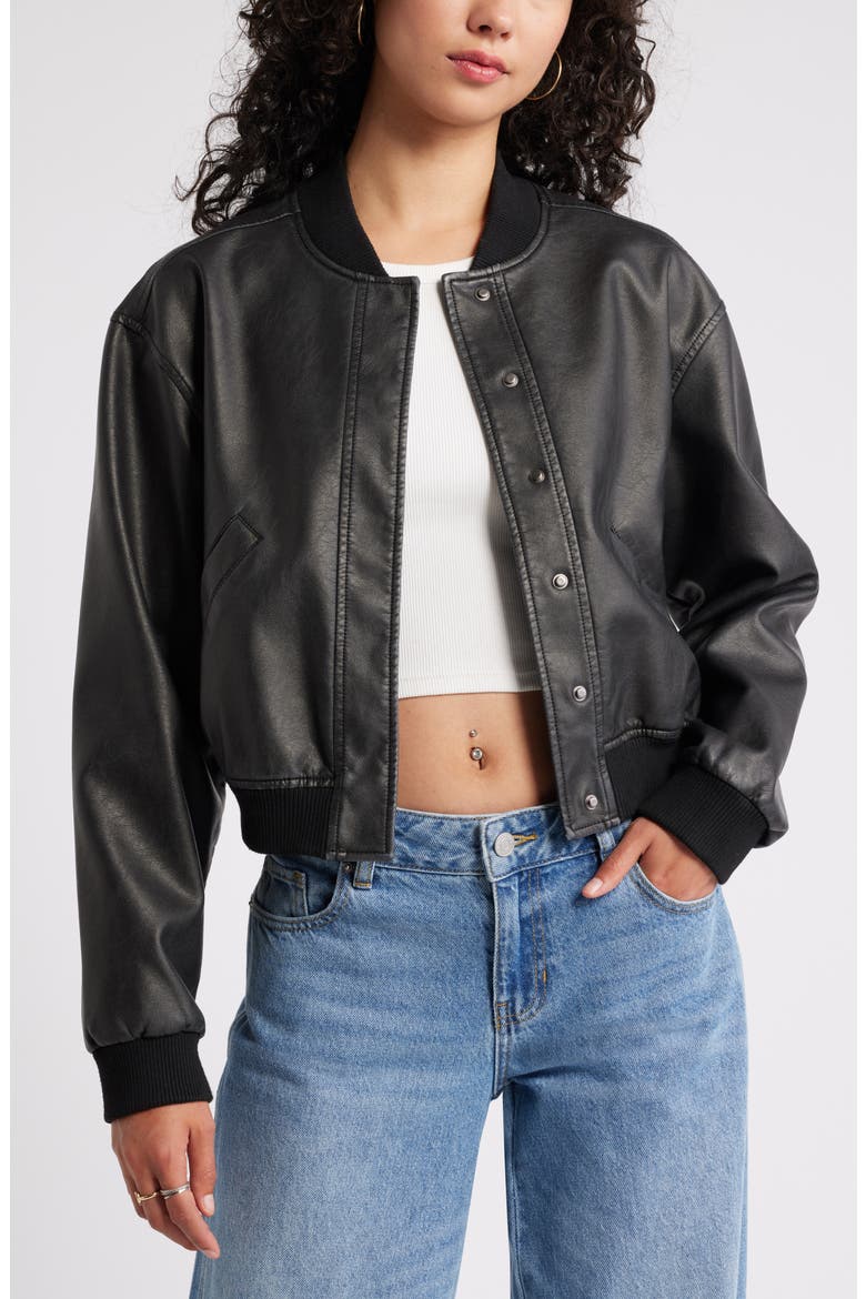 Faux Leather Bomber Jacket, Main, color, BLACK