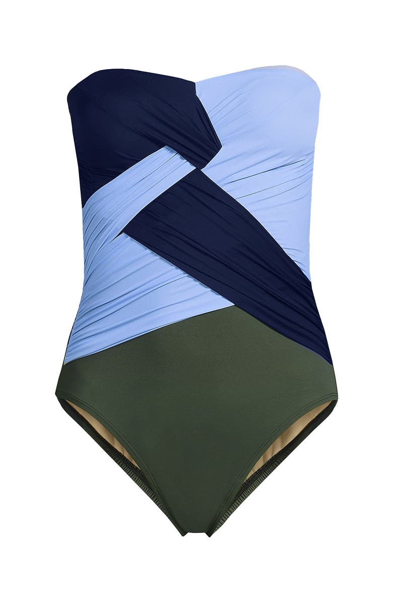 Lands' End Slender Suit Shine Bandeau Tummy Control Chlorine Resistant High Leg One Piece Swimsuit, Alternate, color, Navy/Cloud Blue/Olive Green