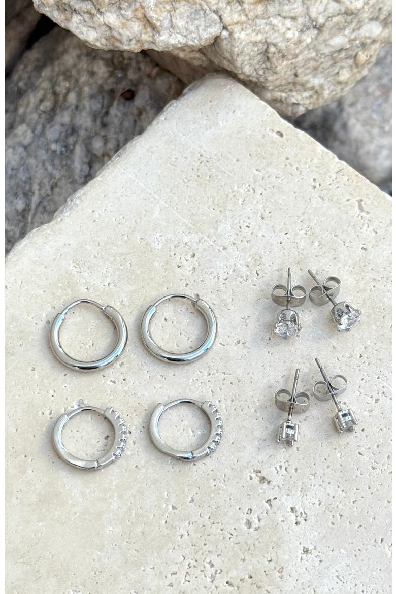 Set of 3 Cubic Zirconia Stud & Hoop Earrings, Alternate, color, SILVER