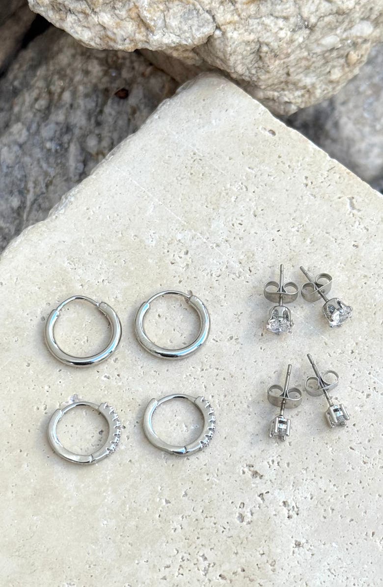 Adornia Set of 3 Cubic Zirconia Stud & Hoop Earrings, Alternate, color, Silver